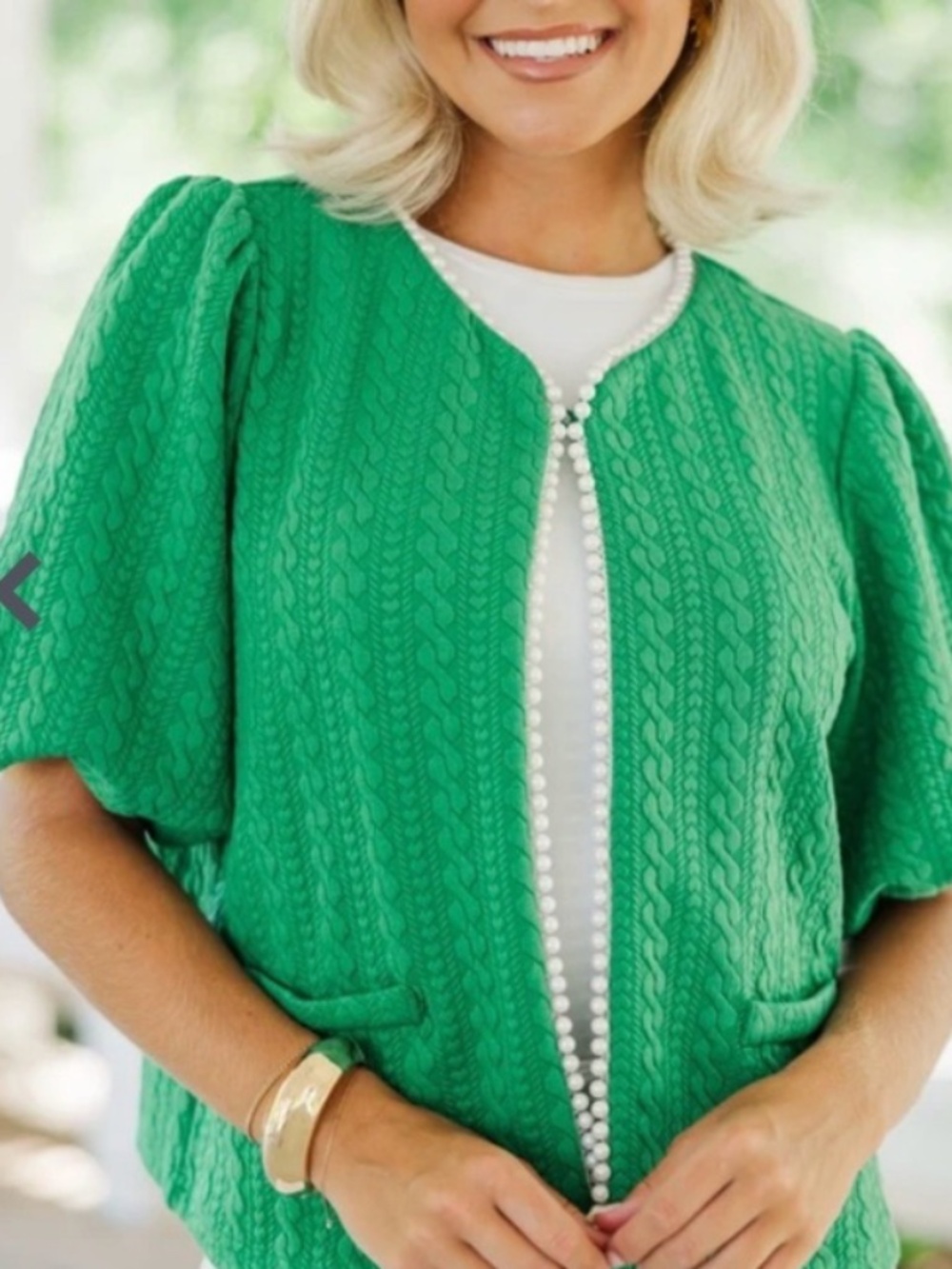 VOY Green Cable Texture Pearl Trim Puff Sleeve Cardigan Chanel-esque - Size M